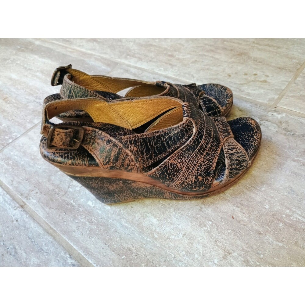 Bed Stu Gayle Slingback Wedge Platform Leather Heel Sandals Brown/Black Size 6